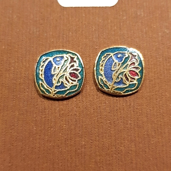 3/$25 Vintage cloisonne enamel fish and floral stud earrings